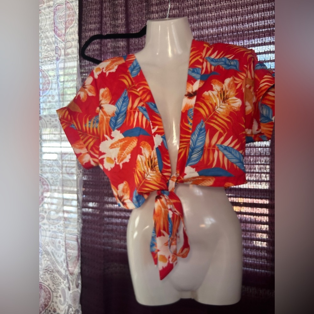 SHEIN Vibrant Red Tropical Tie-Front Blouse